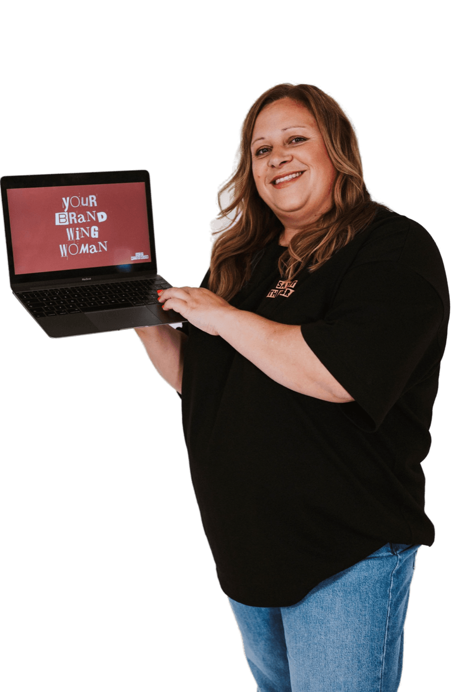 Jo holding a laptop that reads Your Brand Wing Woman